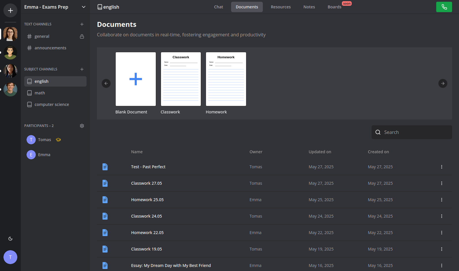 Documents list interface