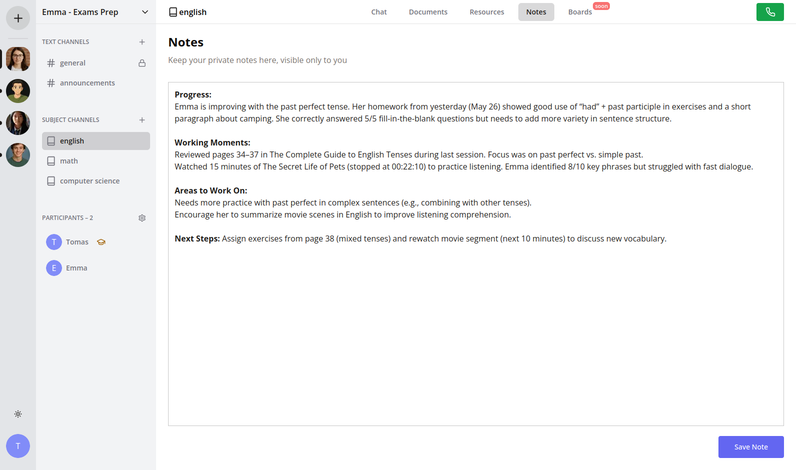 Notes interface